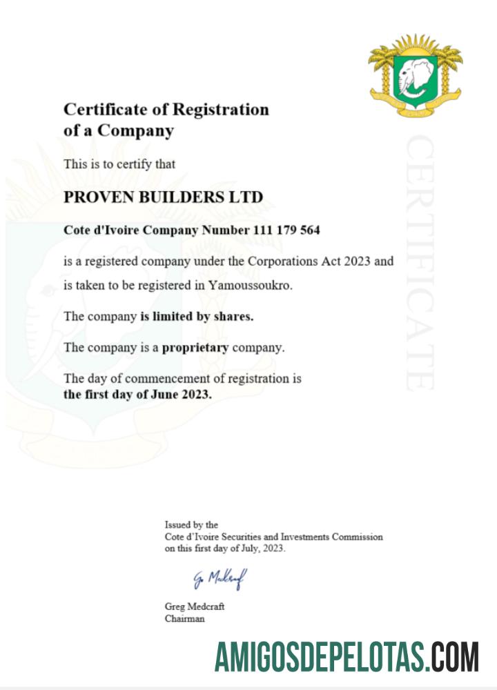 Certificado de registro da Costa do Marfim para download, modelo Word e PDF